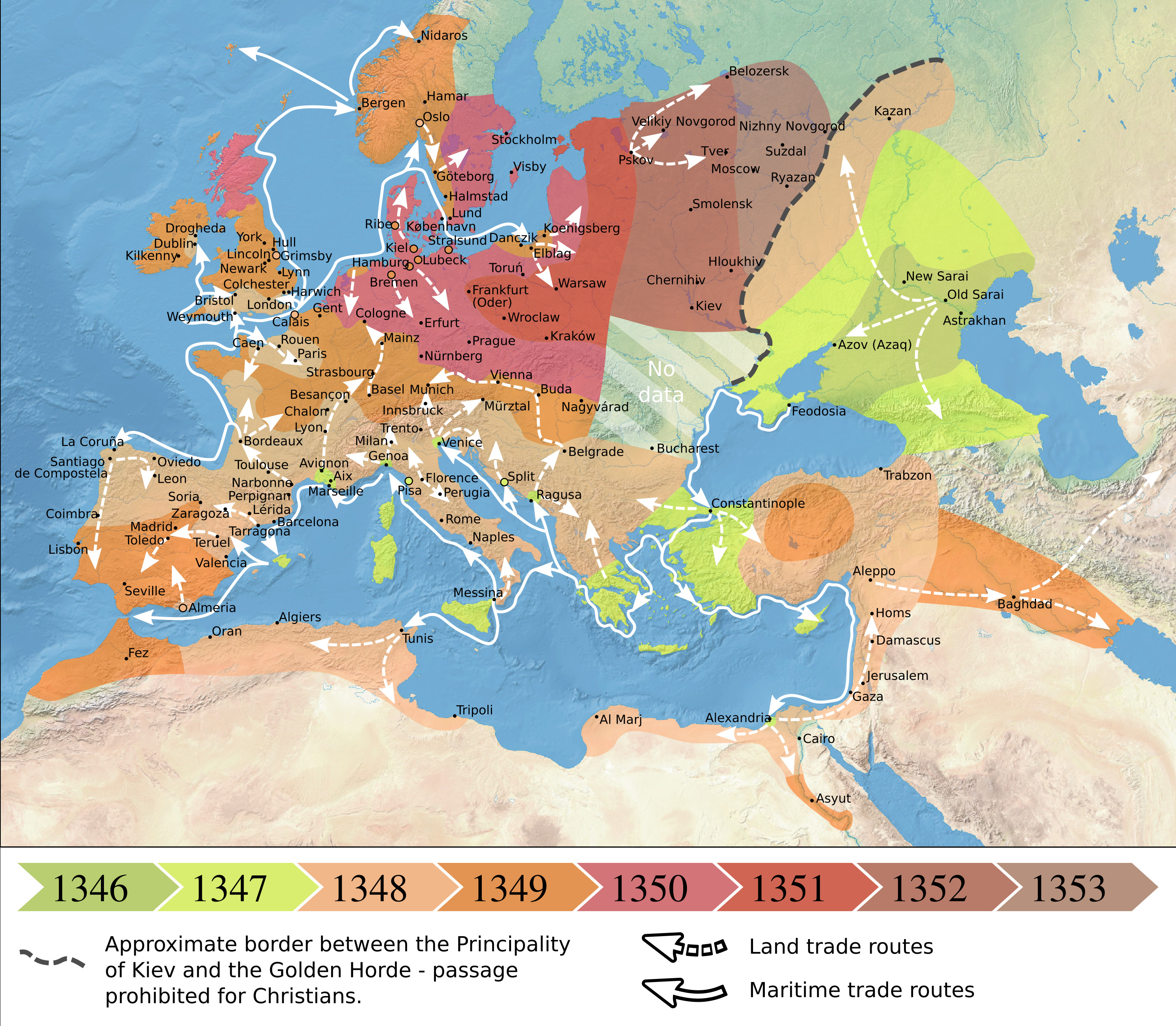 1346-1353 Spread Of The Black Death In Europe Map
